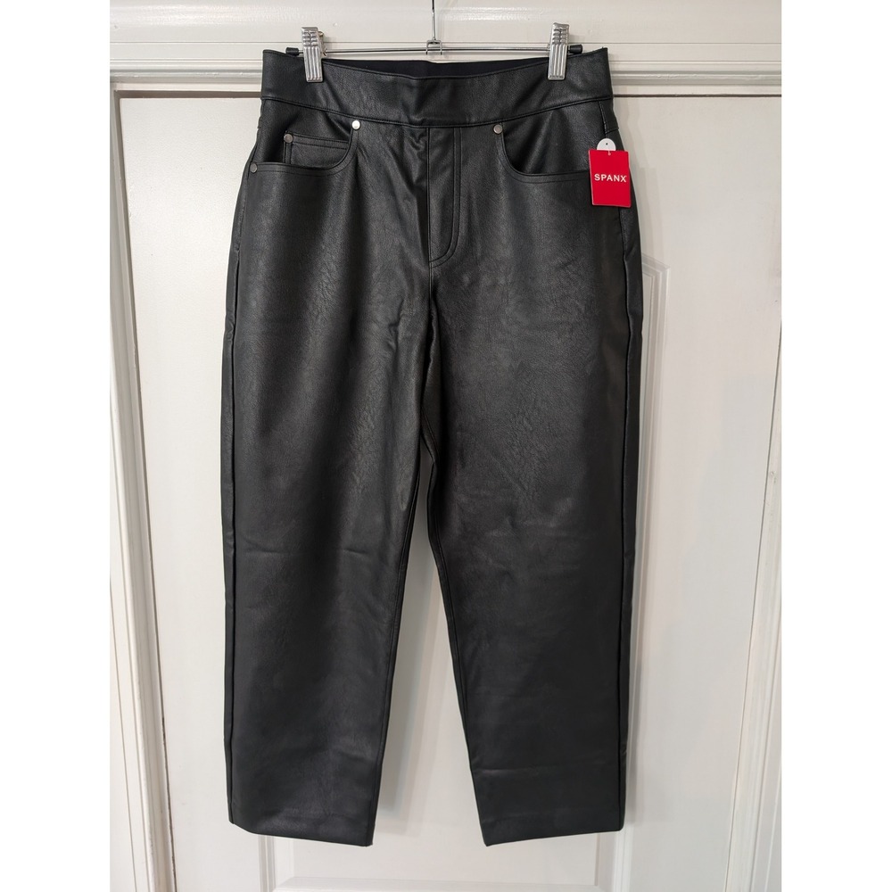 Spanx Faux Leather Slim Straight Pant Luxe Black Petite Medium NWT modern edgy
